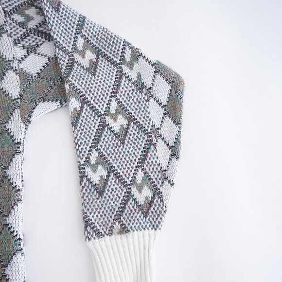 '80s Lavane White Teal 3D Argyle Biggie Cosby Eclectic Knit Crew Neck Sweater M - Picture 9 of 9